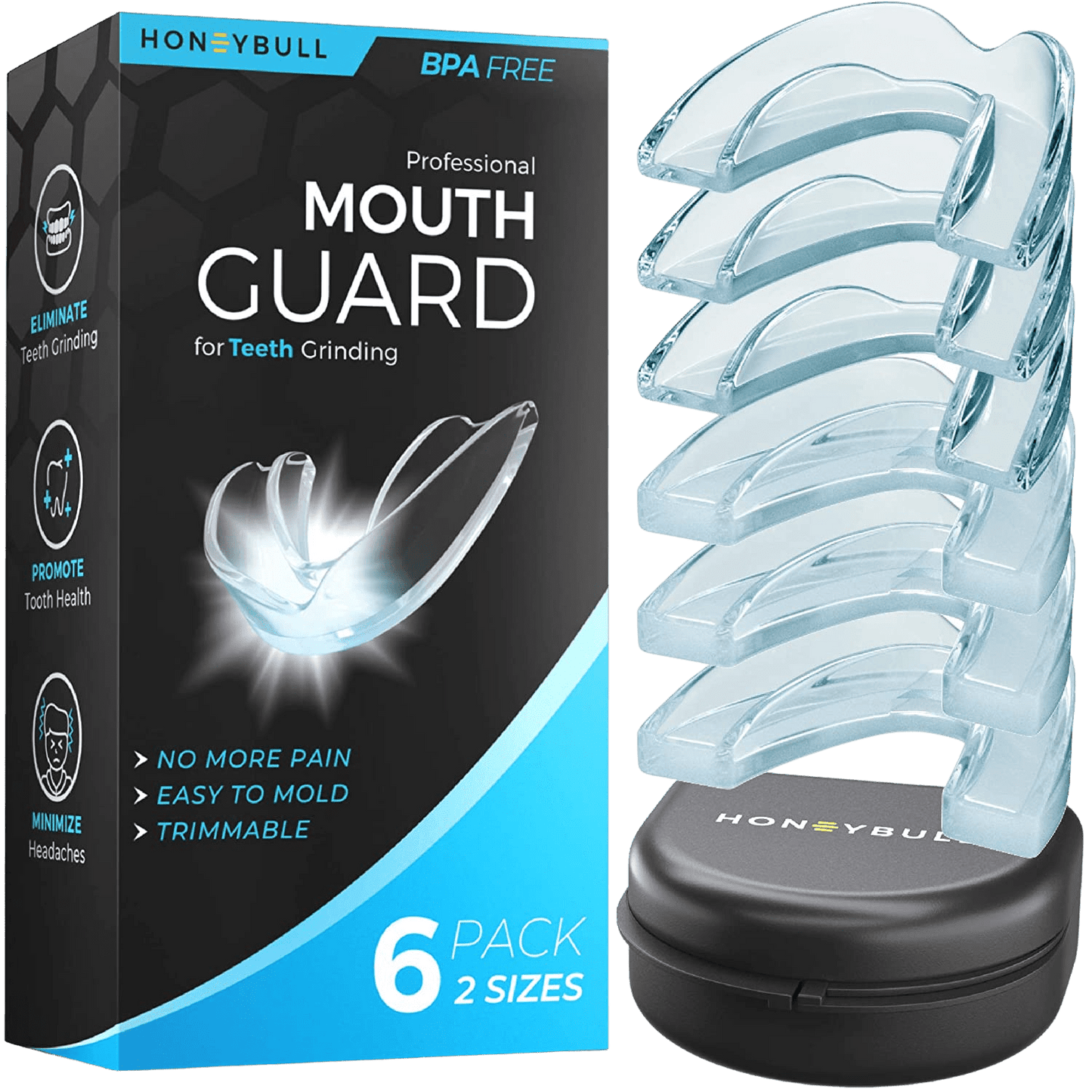 HONEYBULL Mouth Guard for Grinding Teeth [6 Pack] Comes in 2 Sizes for Light and Heavy Grinding | Comfortable Custom Mold for Clenching at Night, Bruxism, Whitening Tray &amp; Guard | Decor Gifts and More
