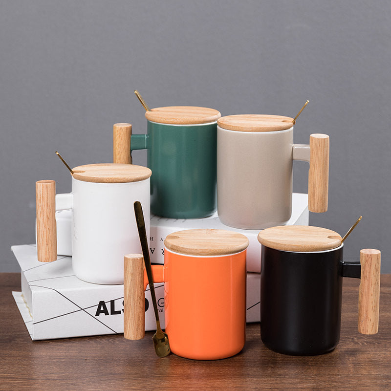 Simple Straight Ceramic Mug With Wooden Handle | Decor Gifts and More