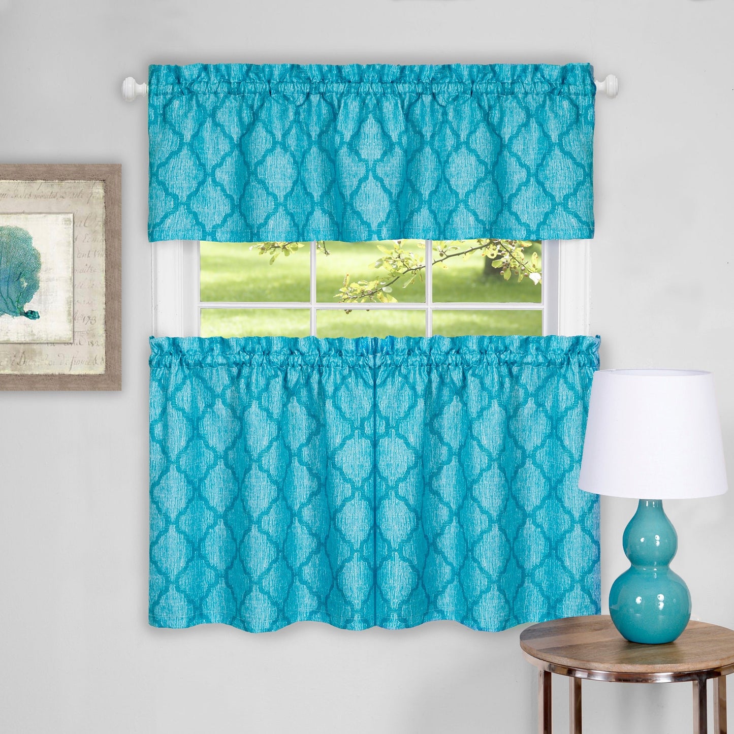3PC Kitchen Curtain Set, Solid Trellis, Tier Panels + Valance, Assorted Colors | Decor Gifts and More