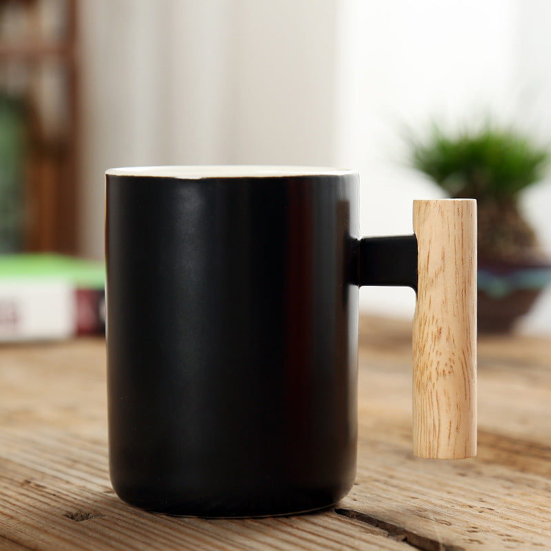 Simple Straight Ceramic Mug With Wooden Handle | Decor Gifts and More