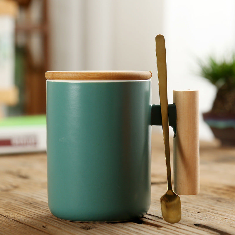 Simple Straight Ceramic Mug With Wooden Handle | Decor Gifts and More