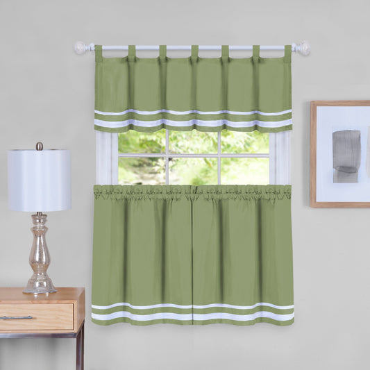 Solid Stripes, Panels + Tab Top Valance 3-Piece Window Kitchen Curtain Cafe Set, | Decor Gifts and More