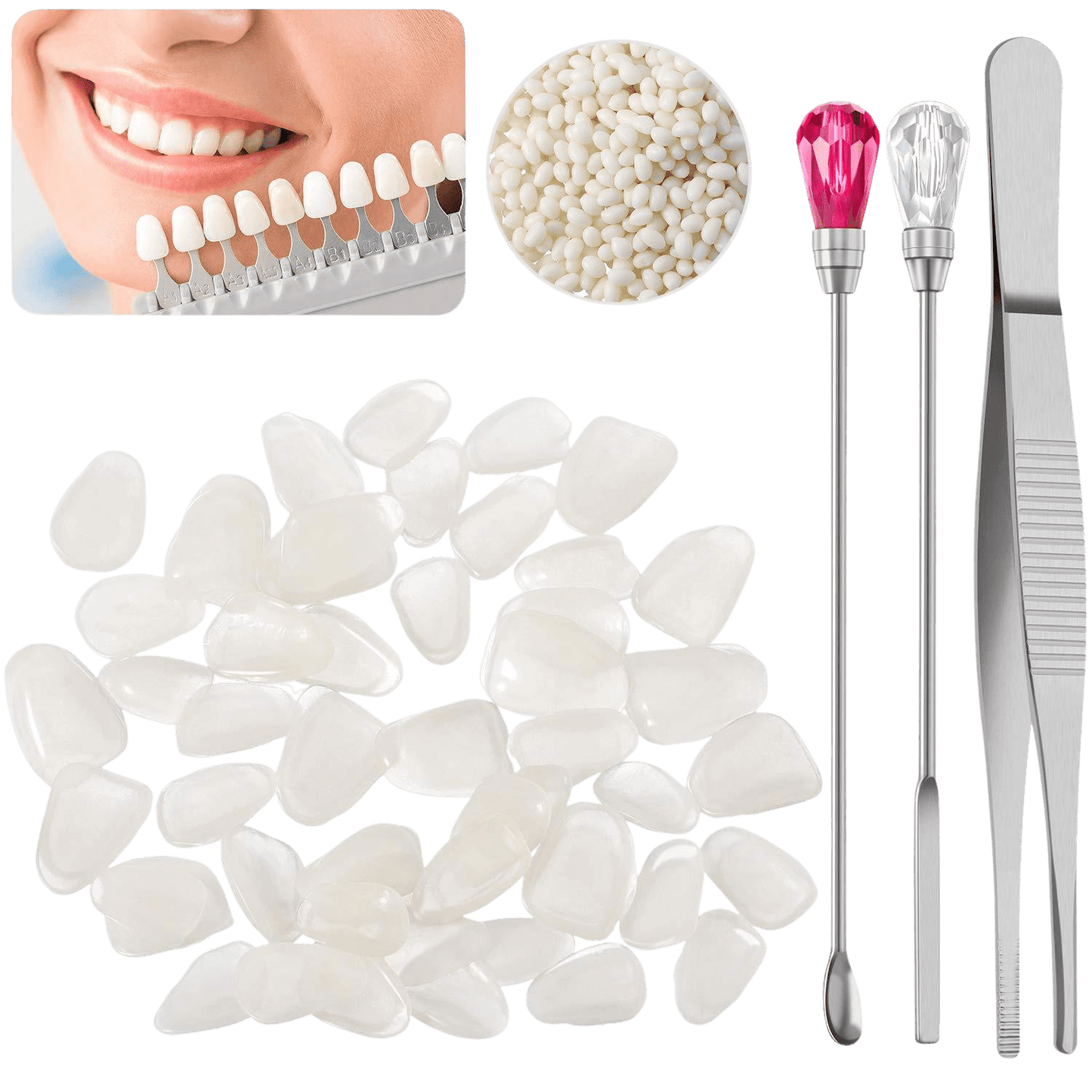 Set of Teeth Veneers with 50g Tooth Solid Gel and Stirring Needle Spoon Temporary Repair Kit Thermal Beads for Halloween Makeup Scary Theme Party Makeup Filling | Decor Gifts and More