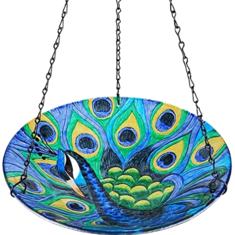 Outdoor Peacock Pattern Glass Bird Bath Tub Stained Glass Hanging Bird Feeder Water Bowl With Iron Chain Garden Decor Yard Art - Home Decor Gifts and More