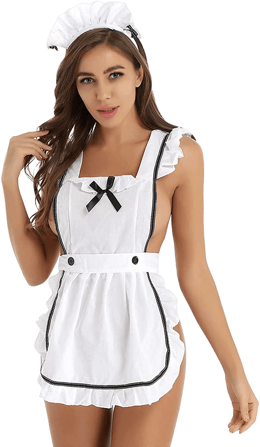 Womens French Maid Cosplay Costume Fancy Dress Clubwear Apron with Hair Hoop and G-String Briefs Set | Decor Gifts and More