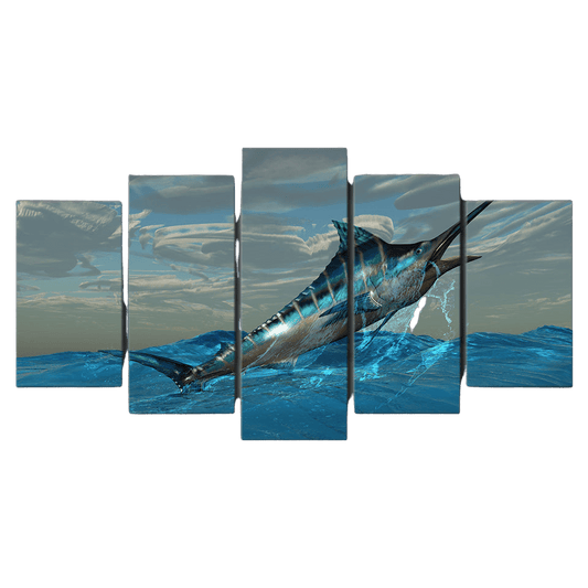 Framed Canvas  5 Piece Panel Scenic Landscape Mural Jumping Marlin Tuna Fish Painting Wall Art Sailfish - Home Decor Gifts and More