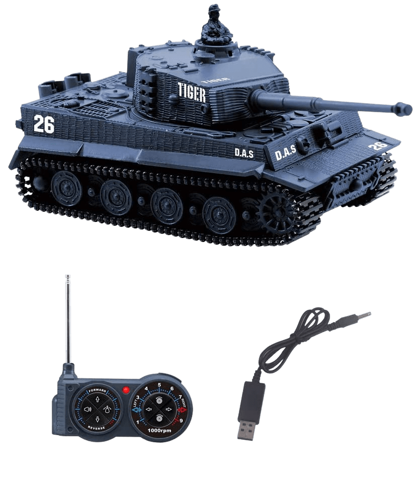 Fun-Here Remote Control Tank with USB Charger Cable Mini RC Army Military Toys Tank 1:72 German Tiger with Sound Artillery Shoots 40MHz (Blue) | Decor Gifts and More