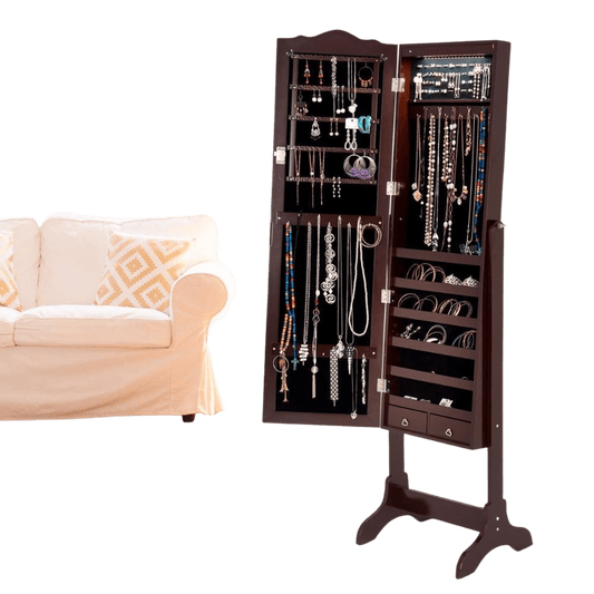 Lockable Mirrored Jewelry Armoire With Led Lights Brown/White - Home Decor Gifts and More