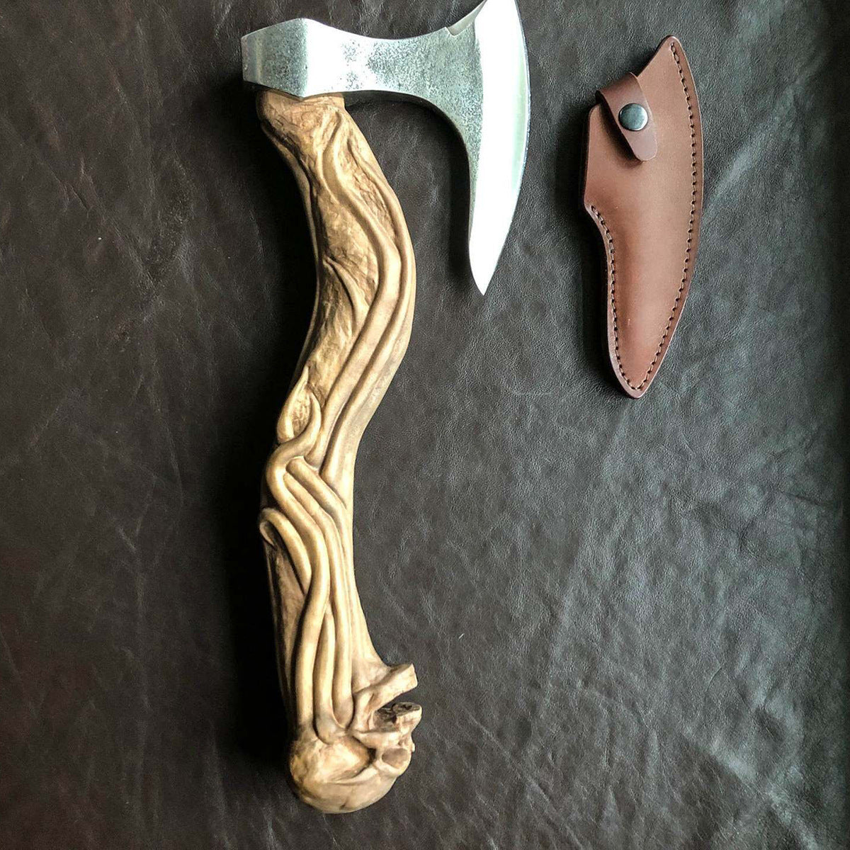 Hand Carved Skull Axe Rubber Wood Skull Axe Handle | Decor Gifts and More