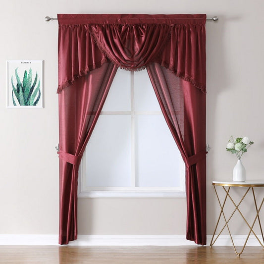 Faux Silk Rod Pocket 5-Piece Deluxe Window Curtains Set, Burgundy | Decor Gifts and More