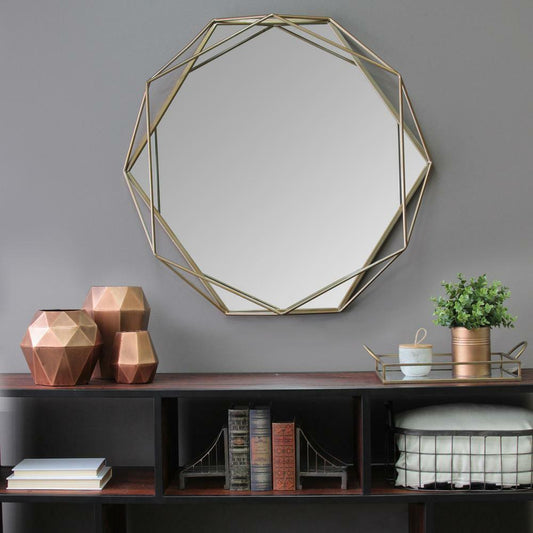 Hexagonal Wall Mirror 6-Sided Round Geometrical 3-D Gold Cage Frame Accent Decor - Home Decor Gifts and More