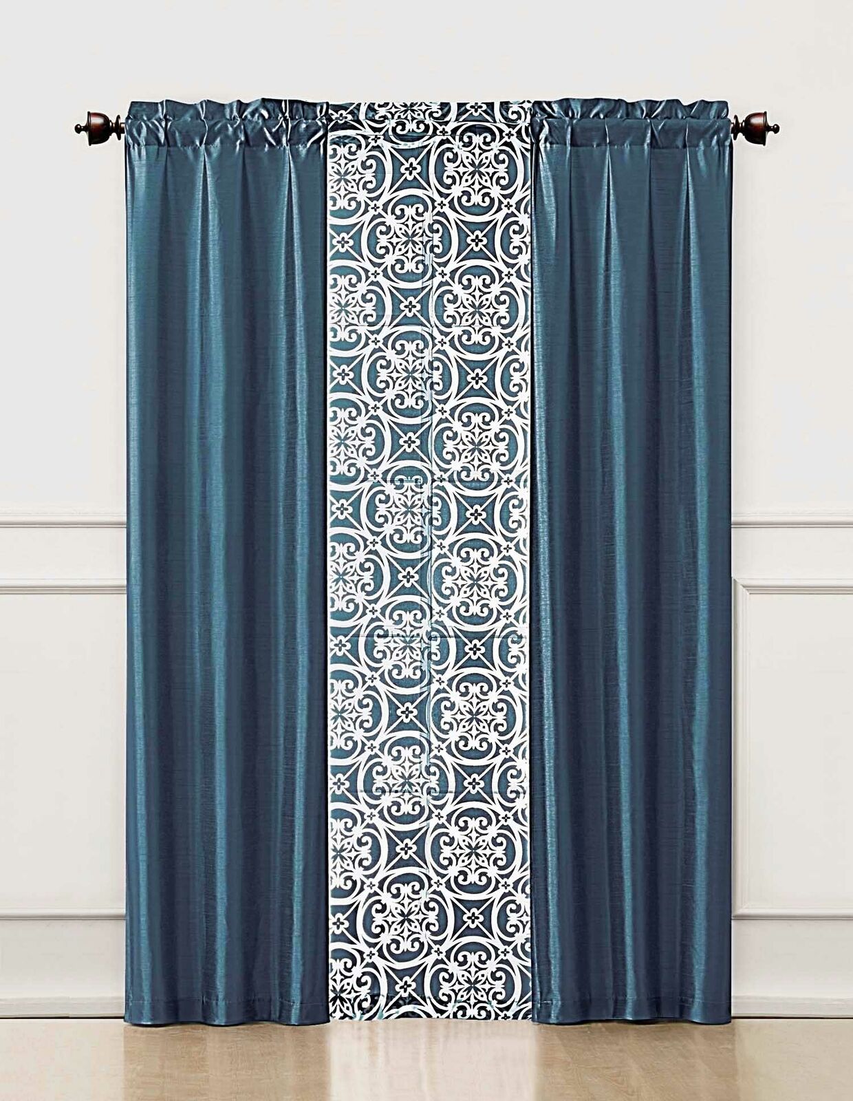 Blue 3 Piece Window Curtain Set : 2 Faux Silk Panels and 1 Printed Voile/sheer | Decor Gifts and More