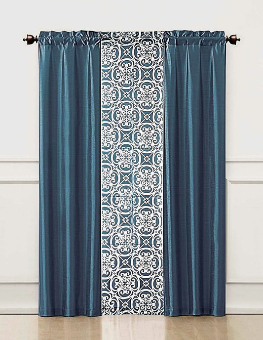 Blue 3 Piece Window Curtain Set : 2 Faux Silk Panels and 1 Printed Voile/sheer | Decor Gifts and More