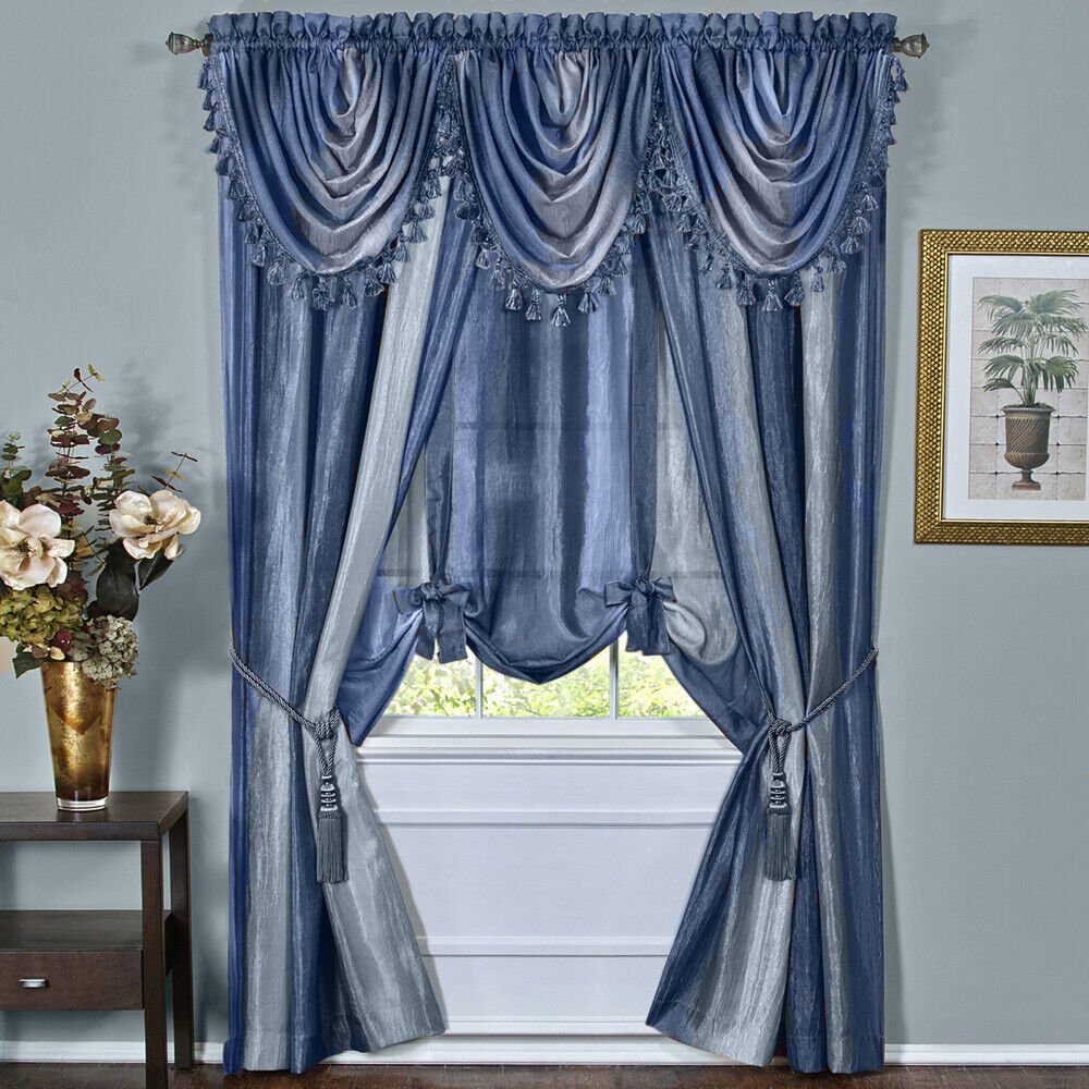 5 Pc Set Blue Striped Modern Light Filtering Deluxe Window Curtain Drape | Decor Gifts and More