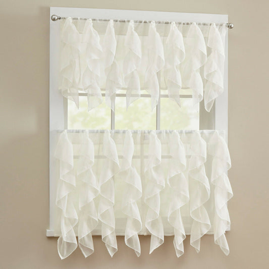 Ivory Sheer Voile Vertical Ruffle Window Kitchen Curtain Tiers or Valance | Decor Gifts and More