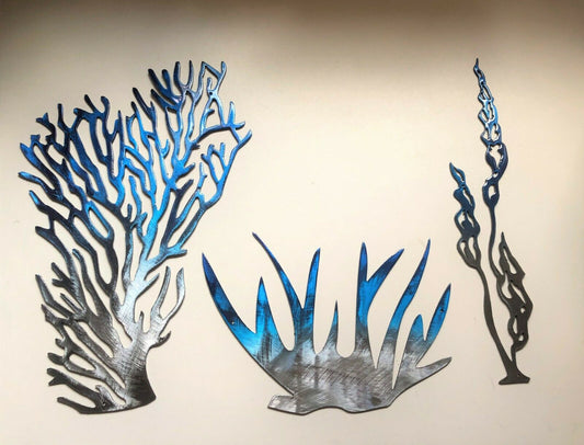 Sea Coral/Plant Collection of 3 Metal Wall Art Décor - Blue Tinged Size varies - Home Decor Gifts and More