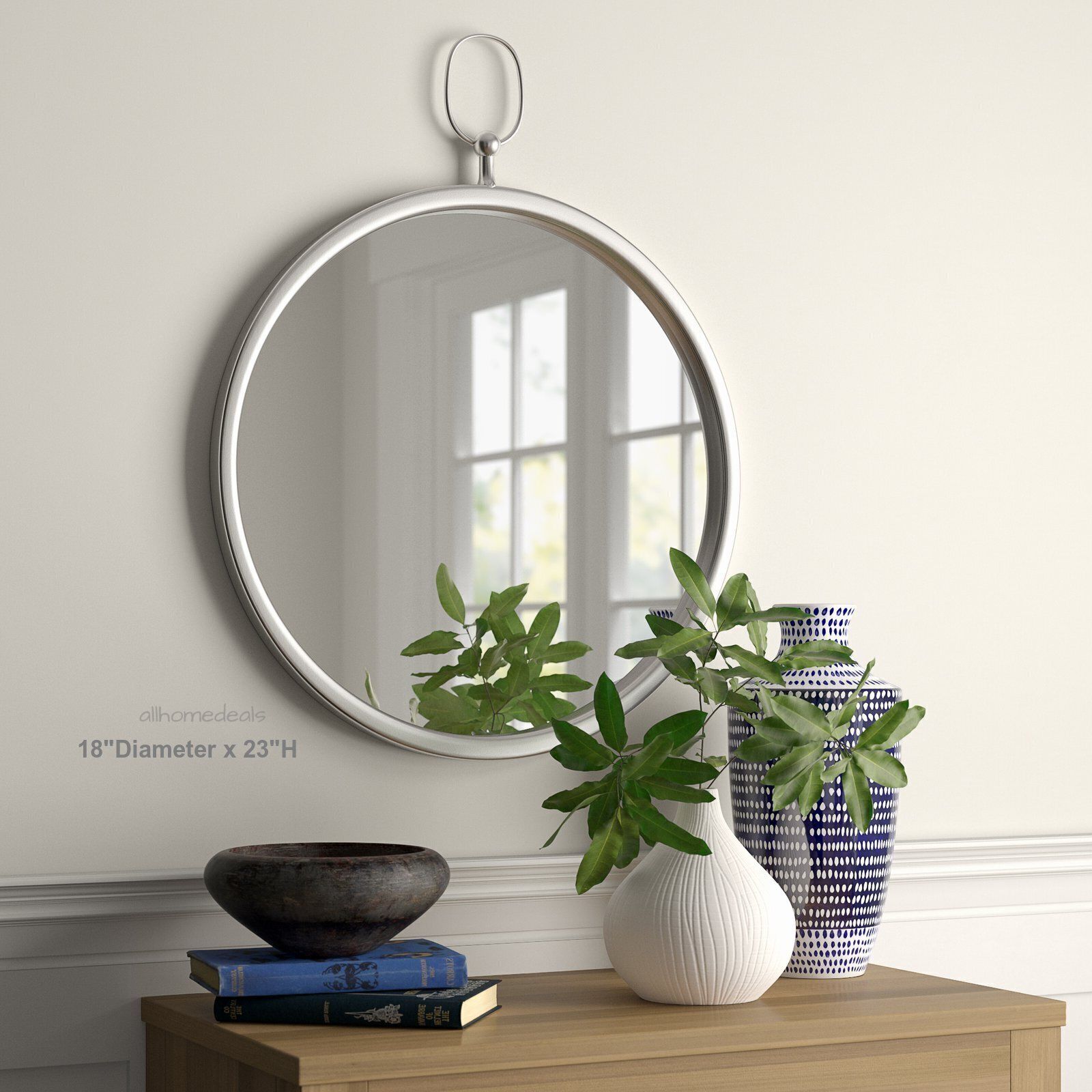 Silver Round Wall Mirror Metal Frame Modern Industrial Accent Bathroom Home Deco - Home Decor Gifts and More