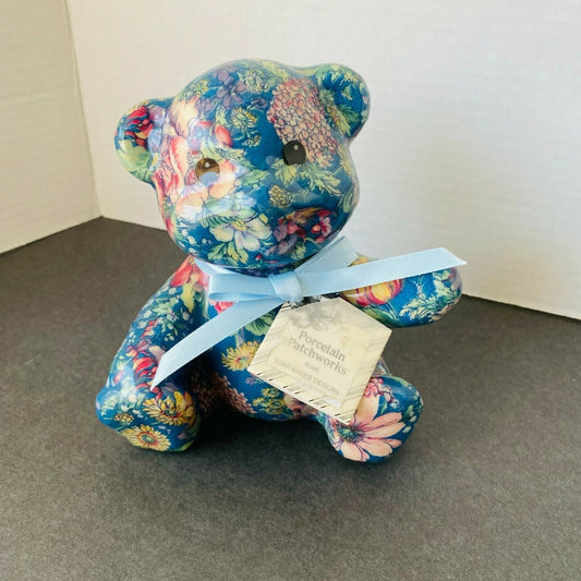 Collectible Porcelain Patchwork Art Blue Floral Fabric Bear - Home Decor Gifts and More
