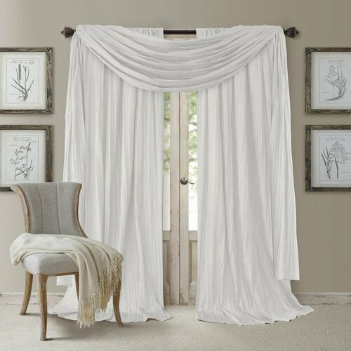 Set Of 3 Solid White Luxury Faux Silk Curtains Panels Drapes With Scarf 52X84" | Decor Gifts and More