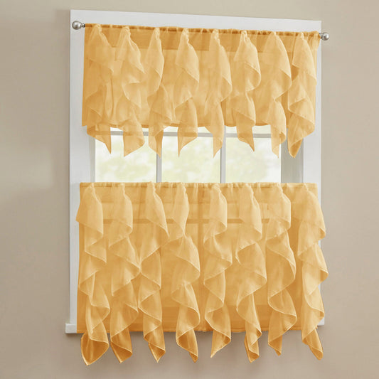 Camel Sheer Voile Vertical Ruffle Window Kitchen Curtain Tiers or Valance | Decor Gifts and More