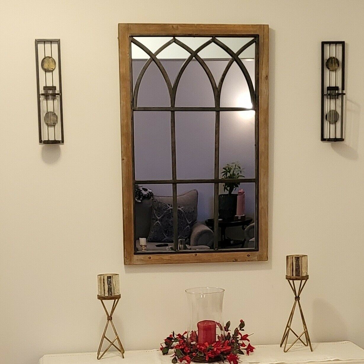 Large Farmhouse Window Wall Mirror Wood Frame Metal Arched Home Decor Rustic 37" - Home Decor Gifts and More