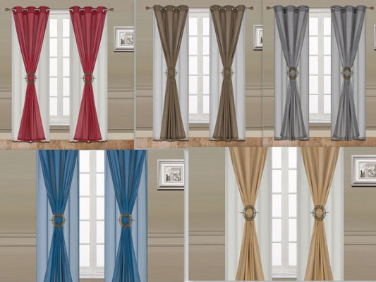 Luxury 6 Piece Deluxe Set Faux Silk Grommet Linen With Sheer Curtain Hold Back | Decor Gifts and More