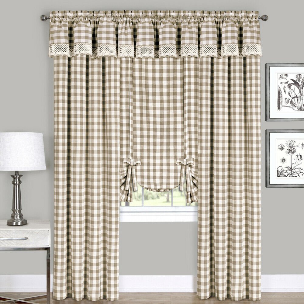 Taupe Checkered Plaid Window Curtain Drapes Panel Valance Shade | Decor Gifts and More