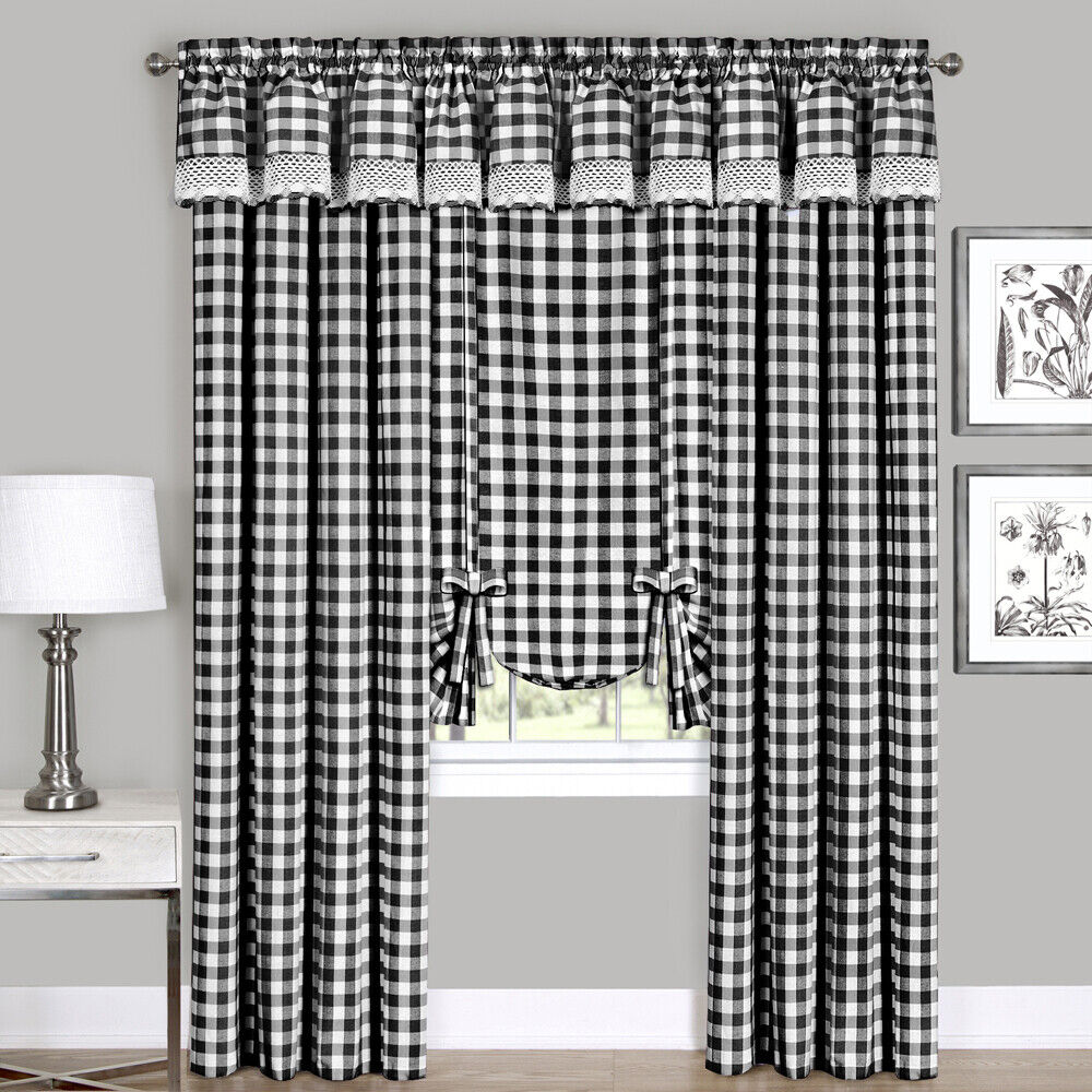Black and White Checkered Plaid Gingham Kitchen Window Curtain Drapes Panel Valance Shade | Decor Gifts and More