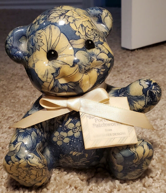 Blue and White Floral Porcelain Patchwork Collectible Teddy Bear Figure - Home Decor Gifts and More