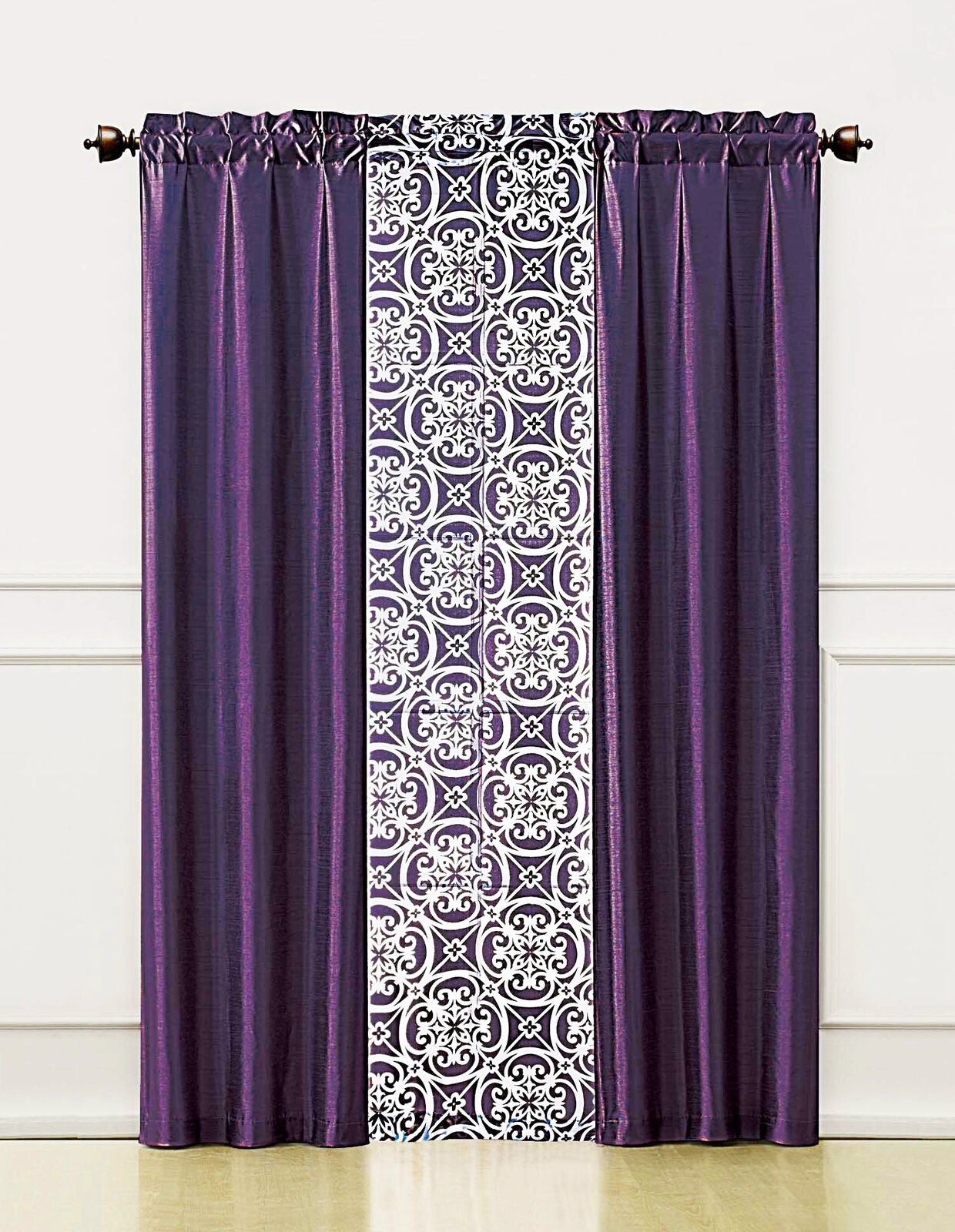 Purple 3 Pc. Luxury Window Curtain Set : 2 Faux Silk Panels and 1 Printed Voile/sheer | Decor Gifts and More