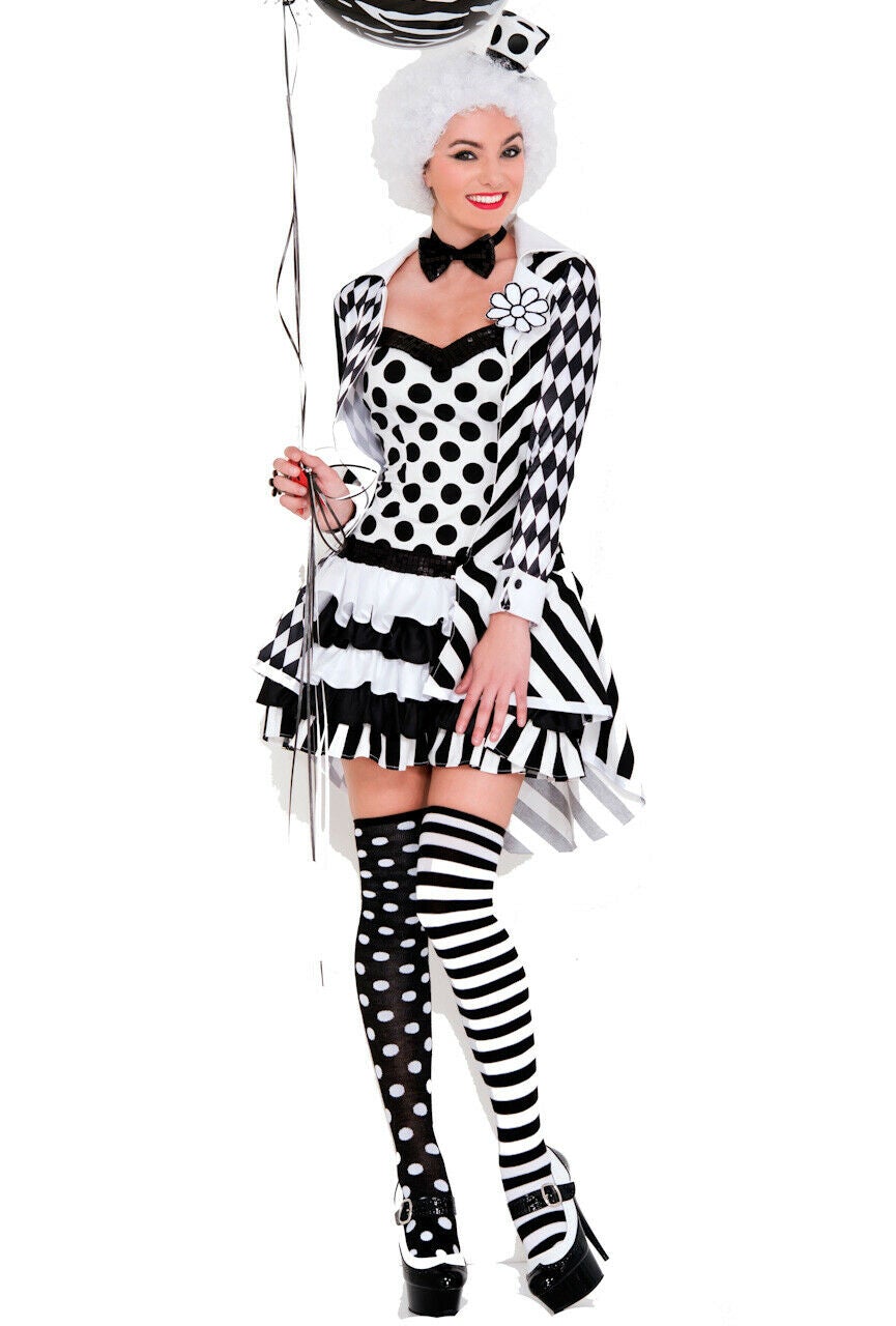 Womens 5 piece black and white circus clown dress deluxe costume set | Decor Gifts and More