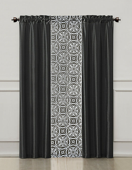 Black 3 Piece Window Curtain Set : 2 Faux Silk Panels and 1 Printed Voile/sheer | Decor Gifts and More