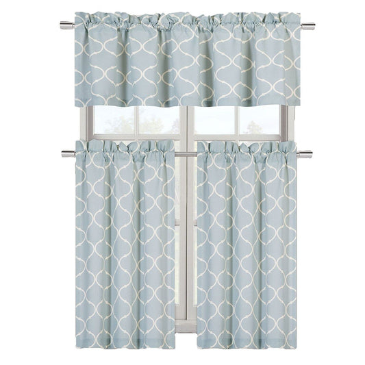 Luxurious Blue Geometric Shabby 3 Piece Kitchen Curtain Tier & Valance Set | Decor Gifts and More