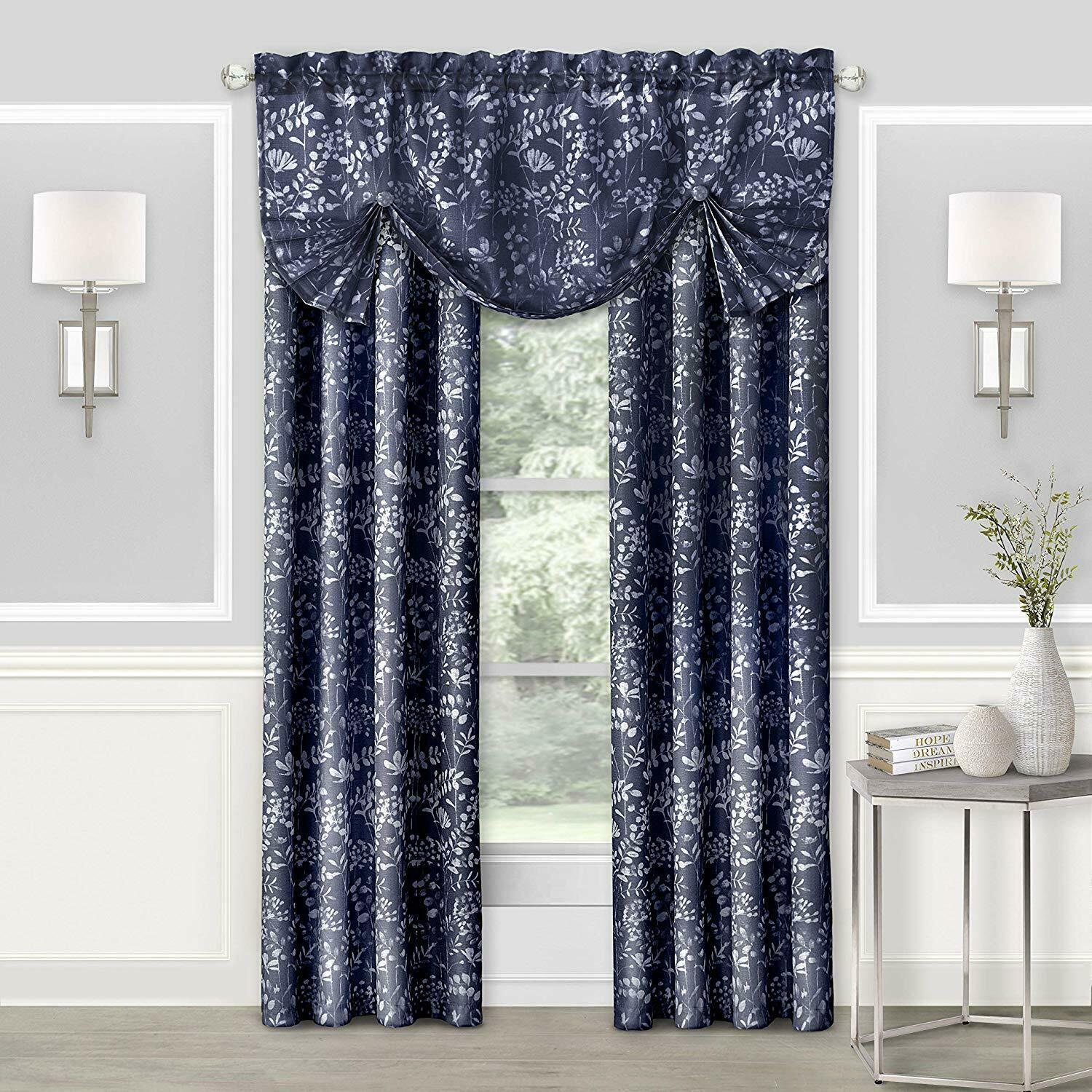 Soft Floral Window Curtain Semi-Sheer Privacy Panels Pleated Valance, Navy Blue | Decor Gifts and More