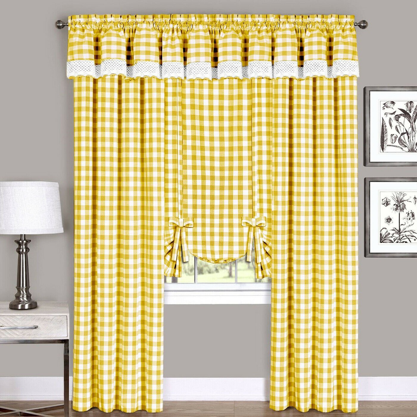 Soft Yellow Checkered Plaid Gingham Window Curtain Drapes Panel Valance Shade | Decor Gifts and More
