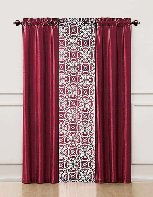 Burgundy 3 Piece Window Curtain Set : 2 Faux Silk Panels,  1 Printed Voile/sheer | Decor Gifts and More