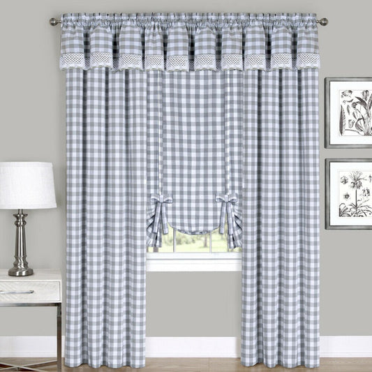 Deluxe Checkered Gray Plaid Window Curtain Drapes Panel Valance Shade | Decor Gifts and More