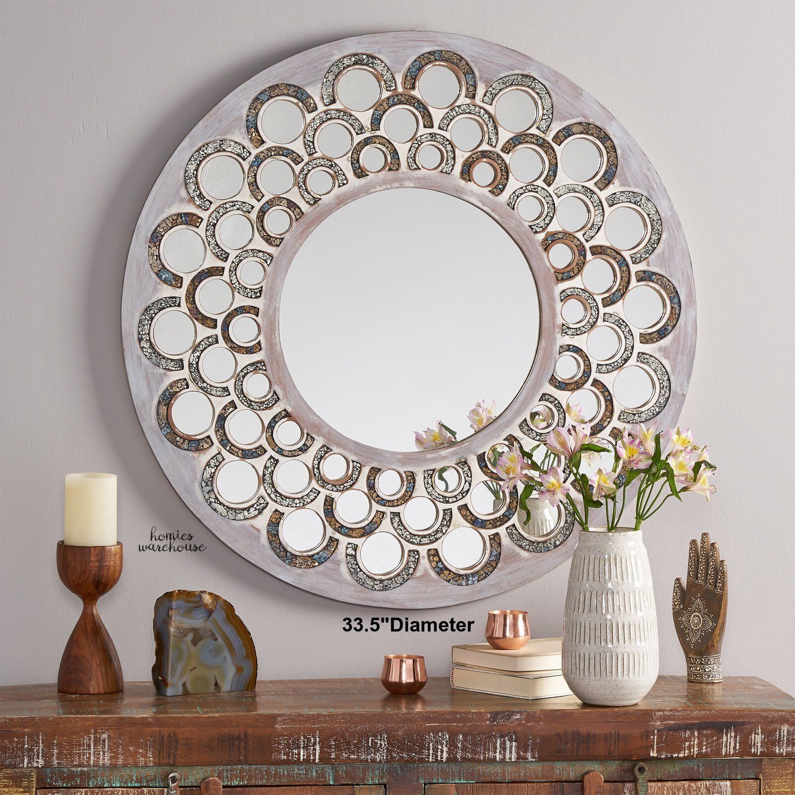 Large Round Wall Mirror Distressed Wood Frame w/Stained Glass Circles Glam Decor - Home Decor Gifts and More