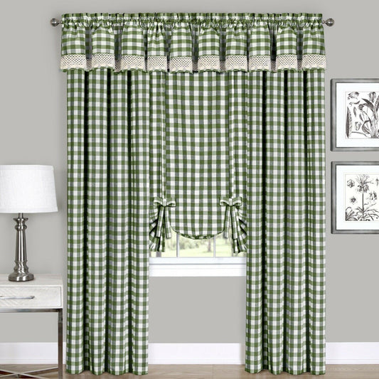 Sage Green and White Checkered Plaid Window Curtain Set Drapes Panel Valance Shade | Decor Gifts and More