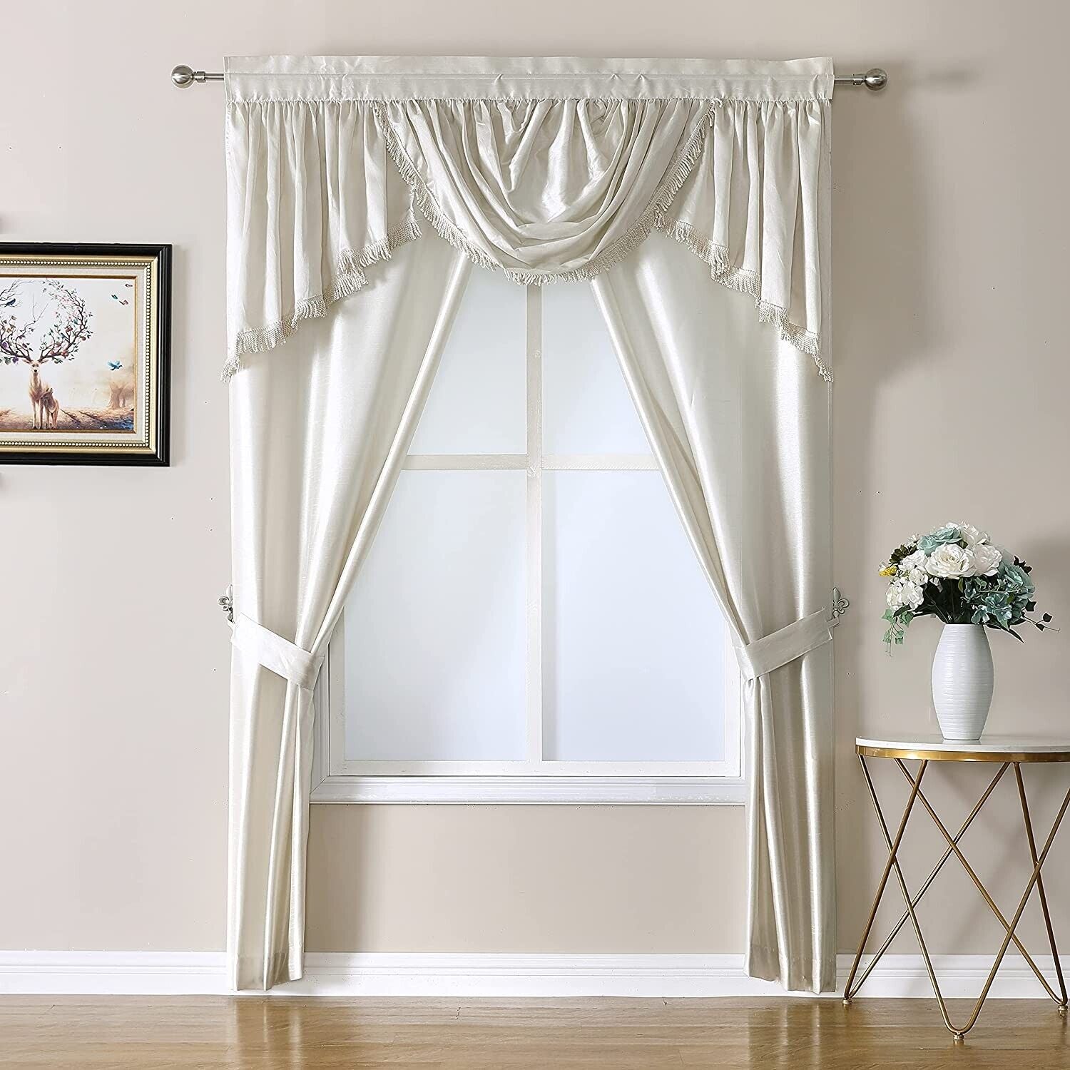 Sorento Faux Silk Rod Pocket 5-Piece Complete Window Curtains Set, Beige, 56x84 | Decor Gifts and More