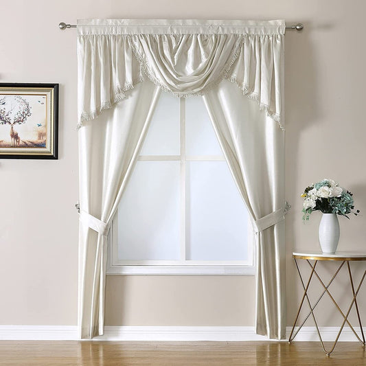 Sorento Faux Silk Rod Pocket 5-Piece Complete Window Curtains Set, Beige, 56x84 | Decor Gifts and More