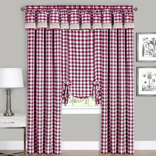 Deluxe Burgundy Checkered Plaid Window Curtain Drapes Panel Valance | Decor Gifts and More