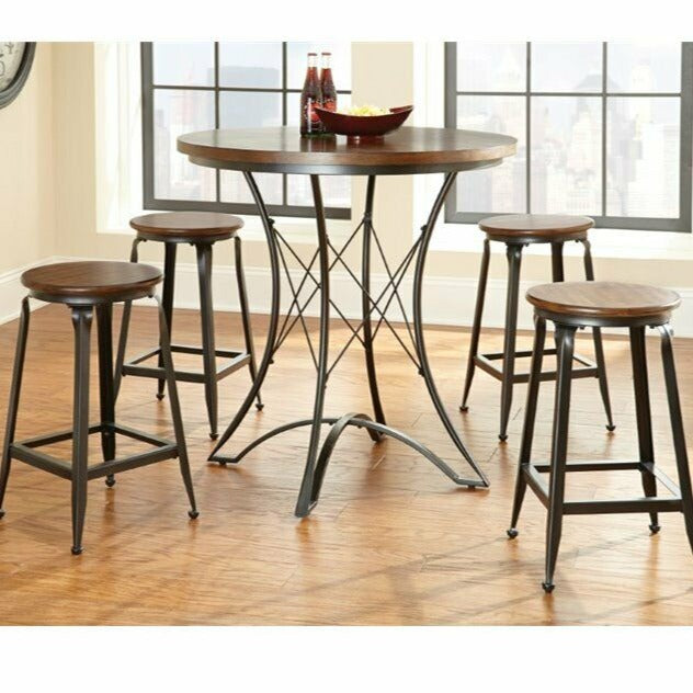 36" Counter Height  Contemporary Arched Metal Round Bar Dining Table in Birch With 4 Matching Stools | Decor Gifts and More
