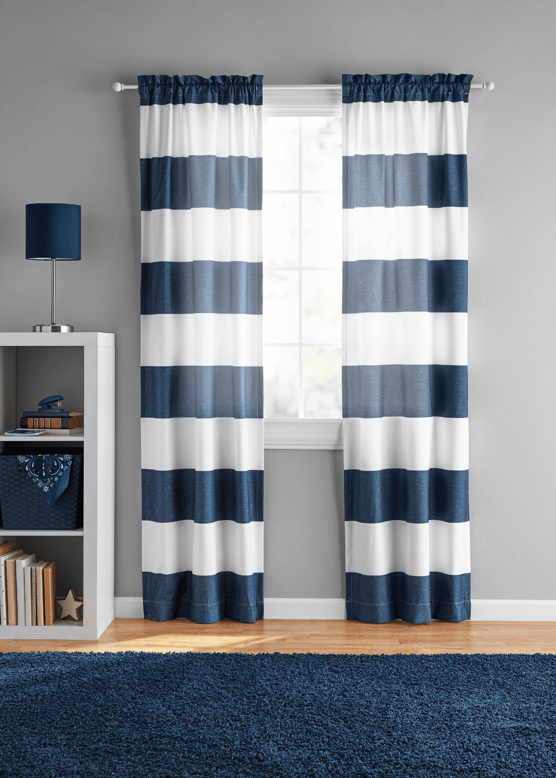 Navy Blue Stripe Cabana Darkening Rod Pocket Curtain Panel Set | Decor Gifts and More
