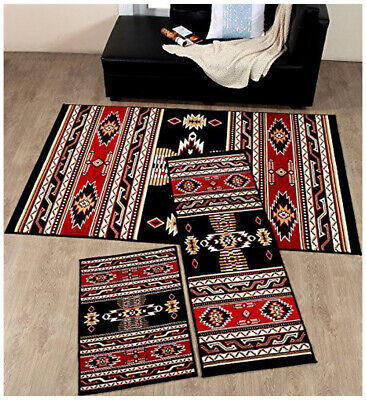 Red and Black Southwestern Contemporary Geometric Area Rug 3 PCS Set - Home Decor Gifts and More