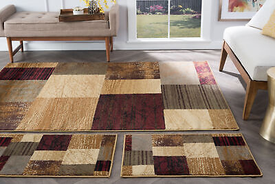 3 Piece Set Modern Geometric Brown Gold Blocks Area Rug Combo Carpet | Decor Gifts and More