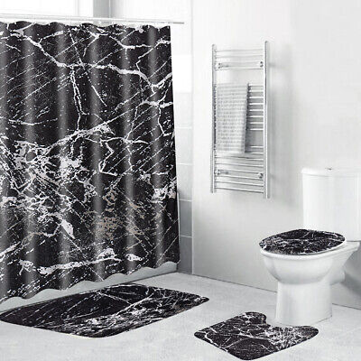 4Pcs Black Marble Textured Deluxe Shower Curtain Set with Non-Slip Rug Toilet Lid Cover w/ Hooks | Decor Gifts and More