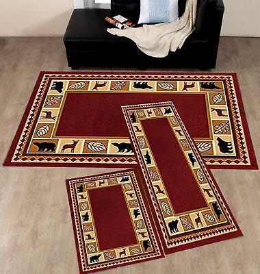 3PCS Burgundy Wildlife Bear Moose Rustic Lodge Cabin Accent Area Rug Set | Decor Gifts and More