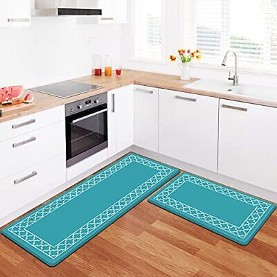 Blue Geometric Pattern Kitchen Mat Area Rug Set Set of 2 Anti Fatigue Mat Waterproof Non Slip - Home Decor Gifts and More