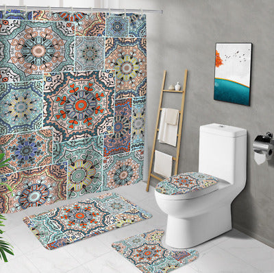 Bohemian pattern Shower Curtain Set Non-slip Bath Mat Rug Toilet Lid Cover Set - Home Decor Gifts and More